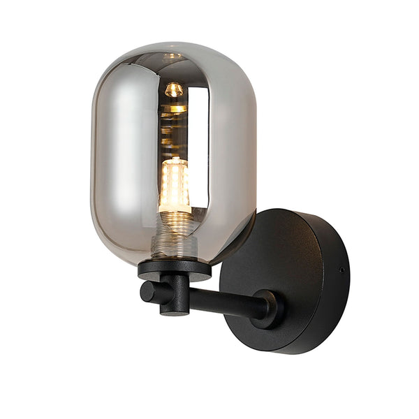 Tenterden Short Arm IP44 Wall Light in Satin Black with Smooth Tubular Smoke Glass Diffuser