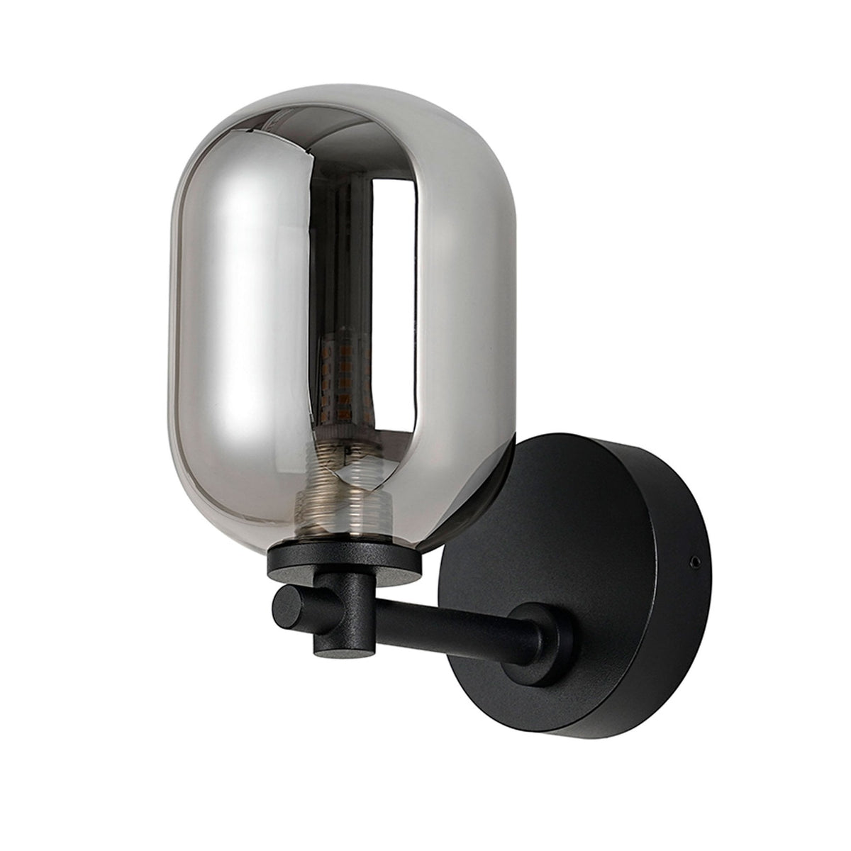 Tenterden Short Arm IP44 Wall Light in Satin Black with Smooth Tubular Smoke Glass Diffuser