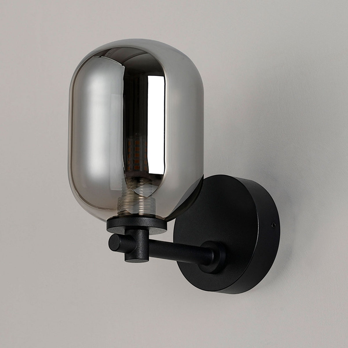 Tenterden Short Arm IP44 Wall Light in Satin Black with Smooth Tubular Smoke Glass Diffuser
