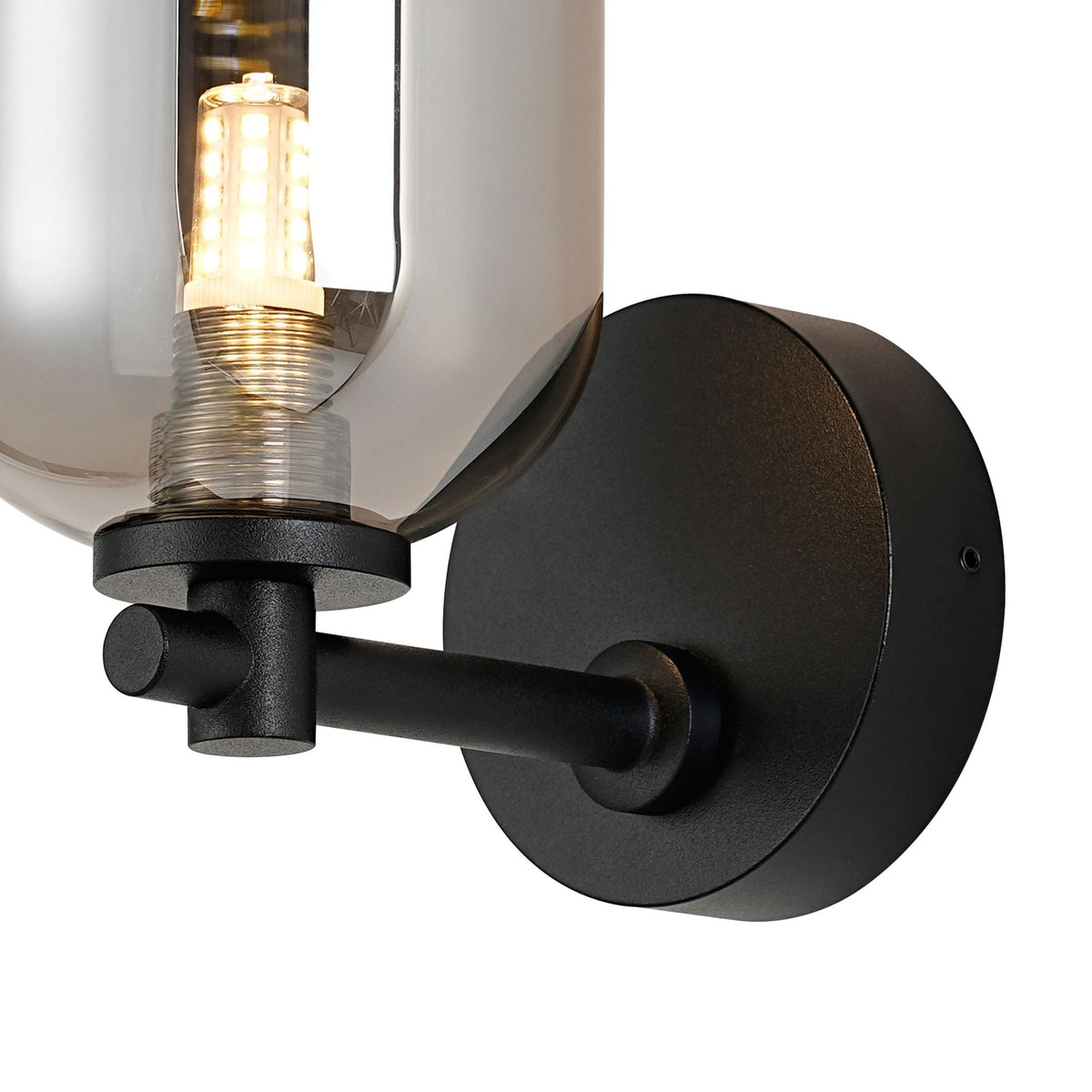 Tenterden Short Arm IP44 Wall Light in Satin Black with Smooth Tubular Smoke Glass Diffuser