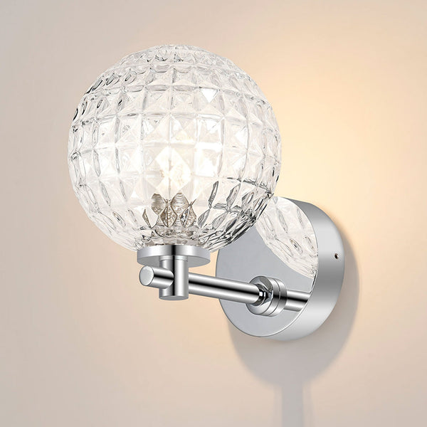 Tenterden Short Arm IP44 Wall Light in Chrome with Cross Pattern Round Clear Glass Diffuser