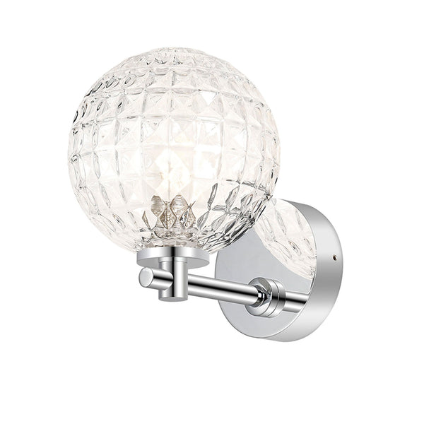 Tenterden Short Arm IP44 Wall Light in Chrome with Cross Pattern Round Clear Glass Diffuser