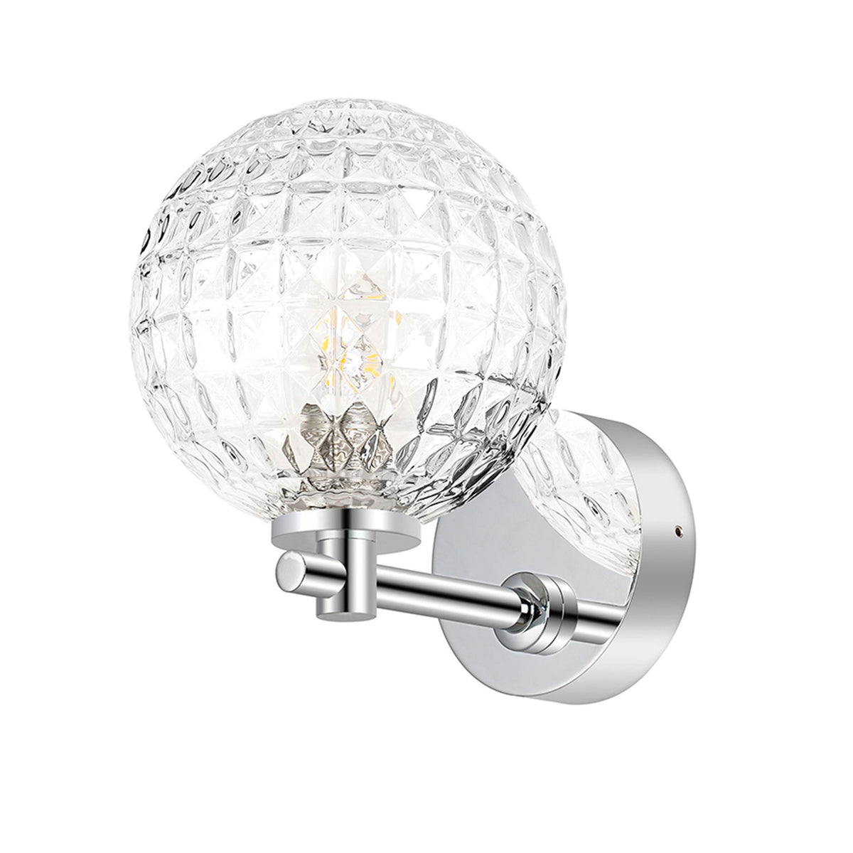 Tenterden Short Arm IP44 Wall Light in Chrome with Cross Pattern Round Clear Glass Diffuser