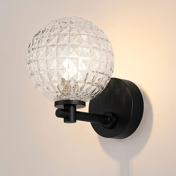 Tenterden Short Arm IP44 Wall Light in Satin Black with Cross Pattern Round Clear Glass Diffuser