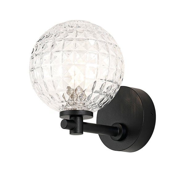 Tenterden Short Arm IP44 Wall Light in Satin Black with Cross Pattern Round Clear Glass Diffuser