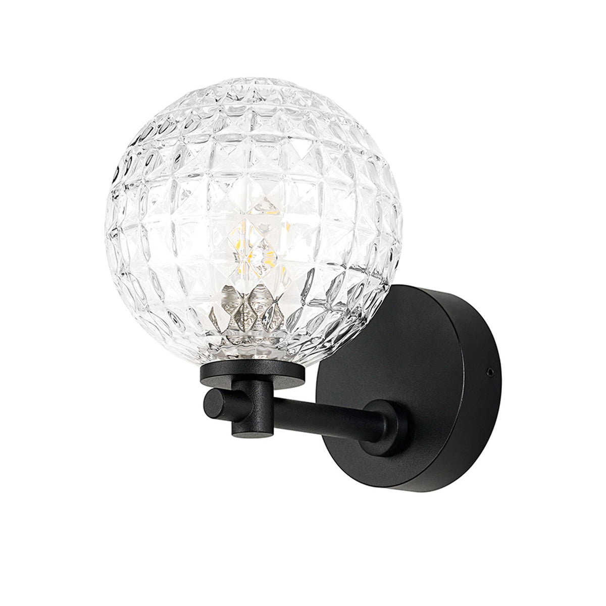 Tenterden Short Arm IP44 Wall Light in Satin Black with Cross Pattern Round Clear Glass Diffuser