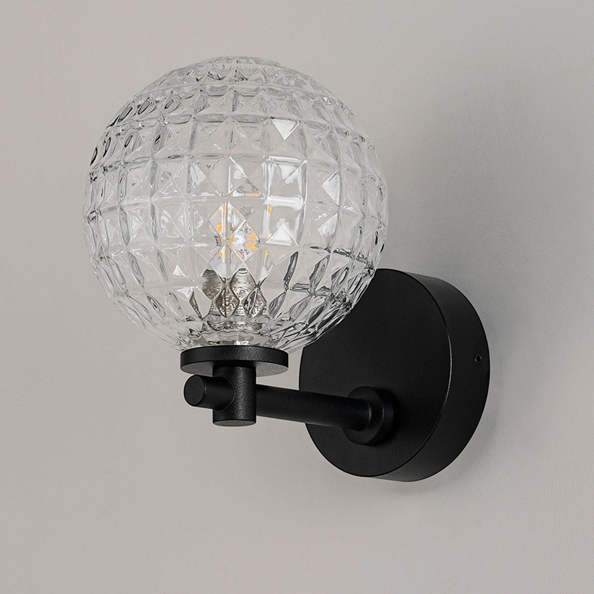 Tenterden Short Arm IP44 Wall Light in Satin Black with Cross Pattern Round Clear Glass Diffuser