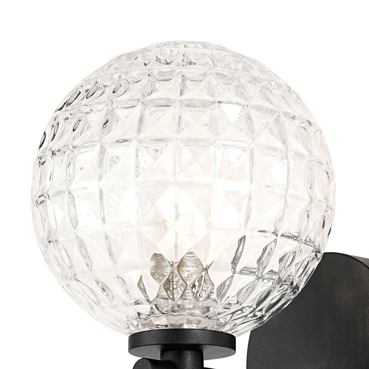 Tenterden Short Arm IP44 Wall Light in Satin Black with Cross Pattern Round Clear Glass Diffuser