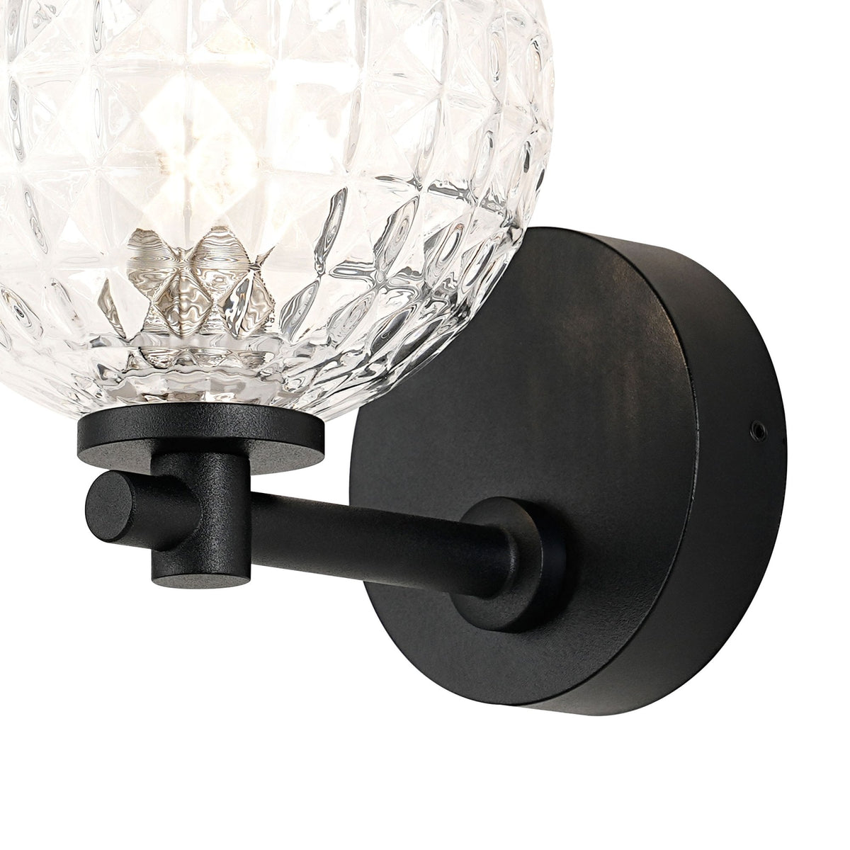 Tenterden Short Arm IP44 Wall Light in Satin Black with Cross Pattern Round Clear Glass Diffuser
