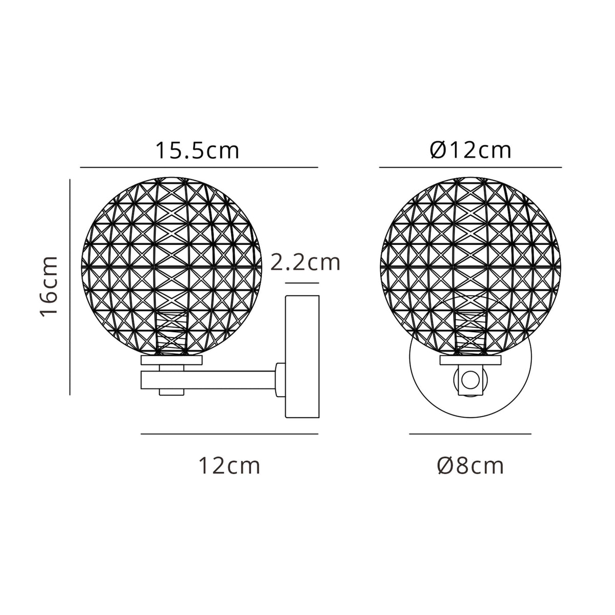 Tenterden Short Arm IP44 Wall Light in Satin Black with Cross Pattern Round Clear Glass Diffuser