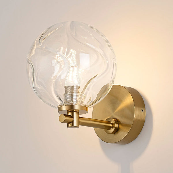 Tenterden Short Arm IP44 Wall Light in Brass Gold with Waved Round Clear Glass Diffuser