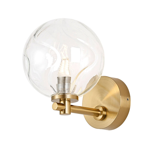 Tenterden Short Arm IP44 Wall Light in Brass Gold with Waved Round Clear Glass Diffuser