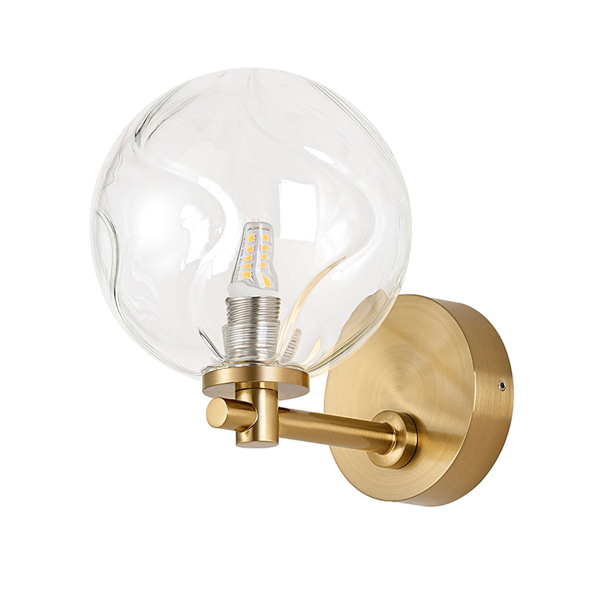 Tenterden Short Arm IP44 Wall Light in Brass Gold with Waved Round Clear Glass Diffuser