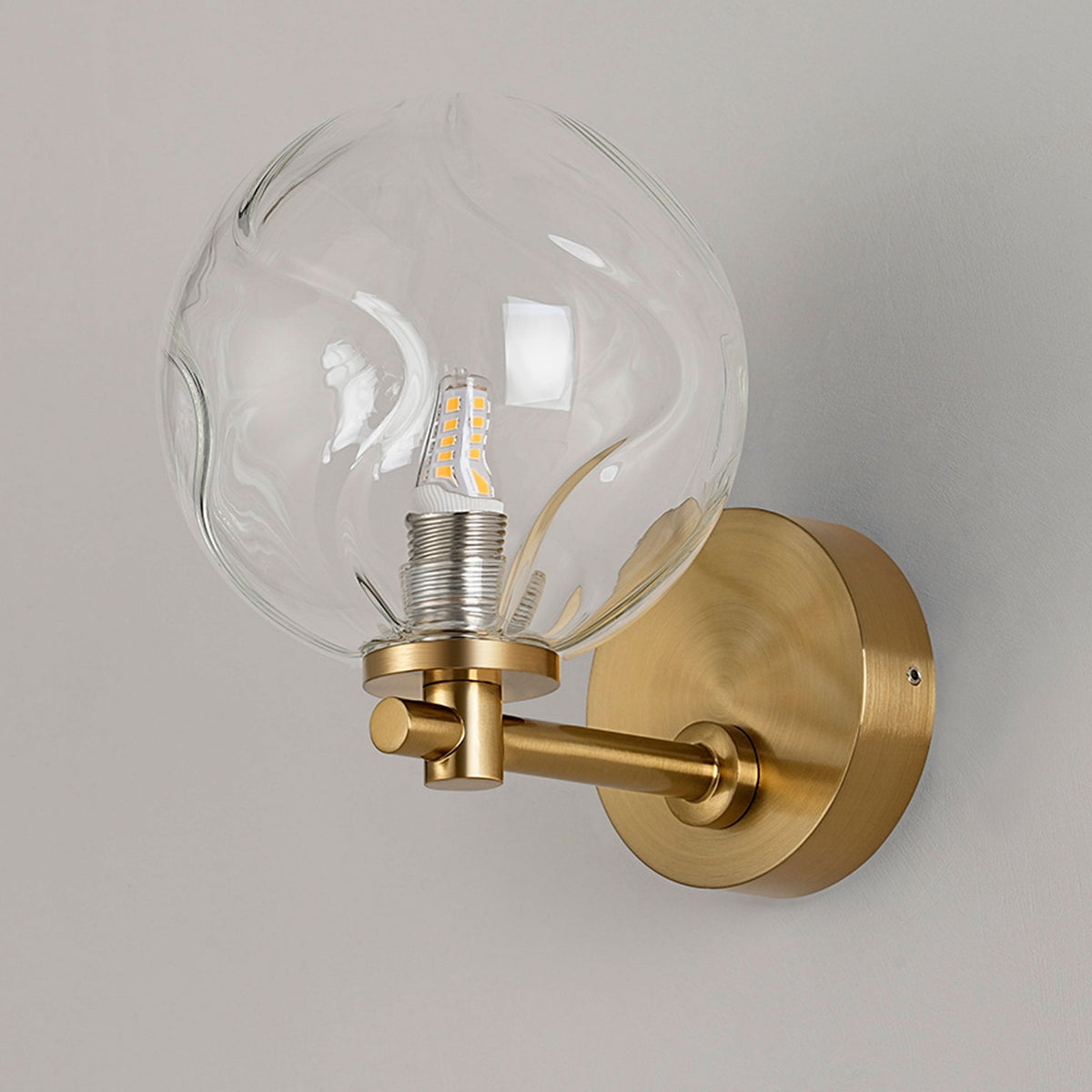Tenterden Short Arm IP44 Wall Light in Brass Gold with Waved Round Clear Glass Diffuser