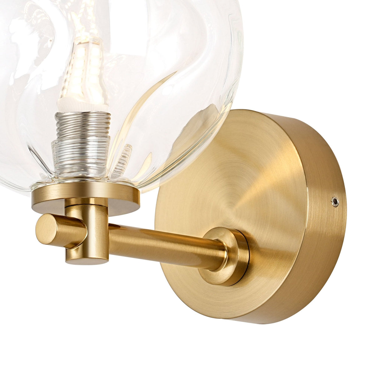 Tenterden Short Arm IP44 Wall Light in Brass Gold with Waved Round Clear Glass Diffuser