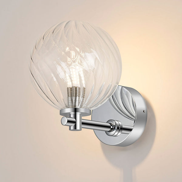 Tenterden Short Arm IP44 Wall Light in Chrome with Swirl Round Clear Glass Diffuser