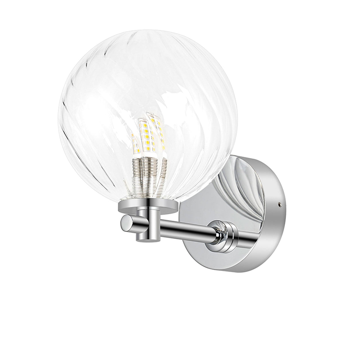 Tenterden Short Arm IP44 Wall Light in Chrome with Swirl Round Clear Glass Diffuser