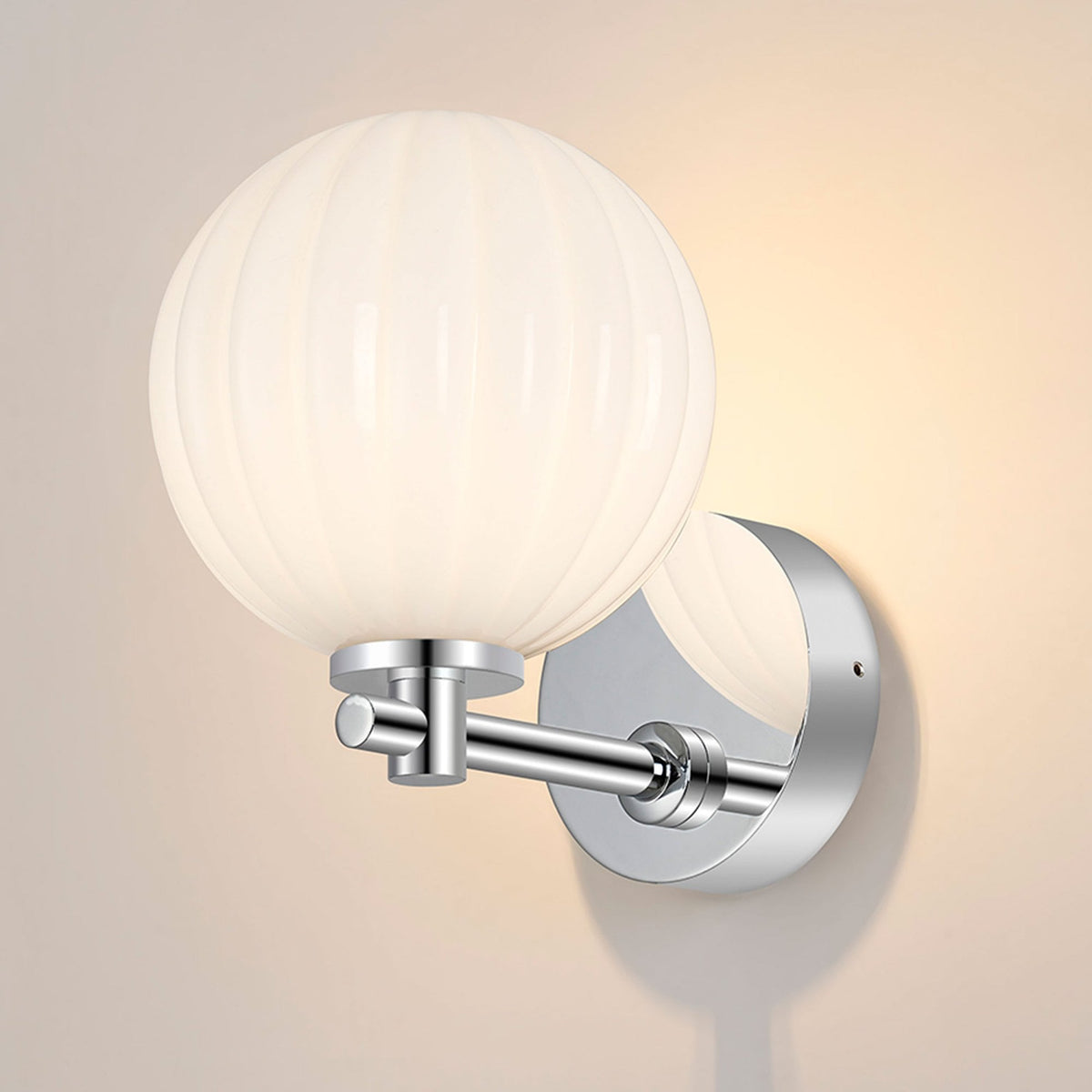 Tenterden Short Arm IP44 Wall Light in Chrome with Segment Round Opal Glass Diffuser
