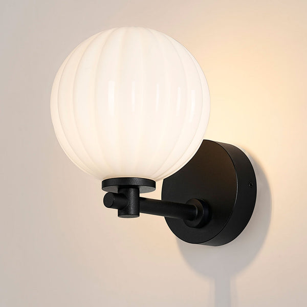 Tenterden Short Arm IP44 Wall Light in Satin Black with Segment Round Opal Glass Diffuser
