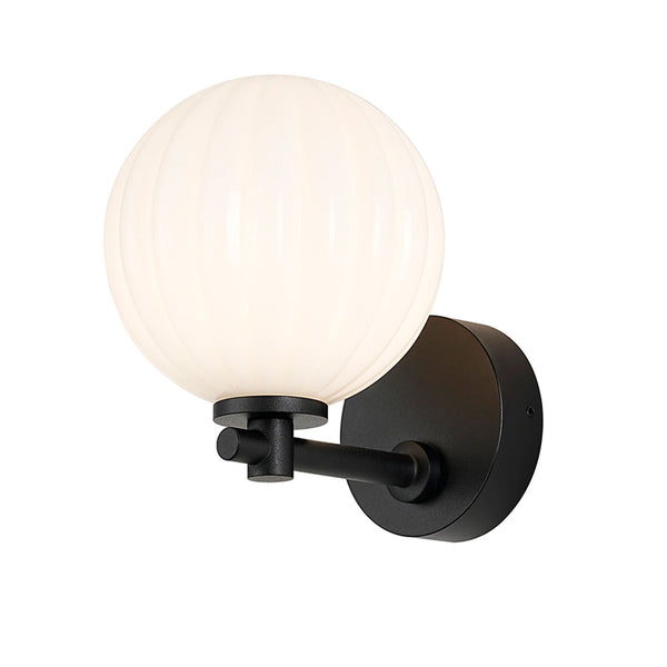 Tenterden Short Arm IP44 Wall Light in Satin Black with Segment Round Opal Glass Diffuser