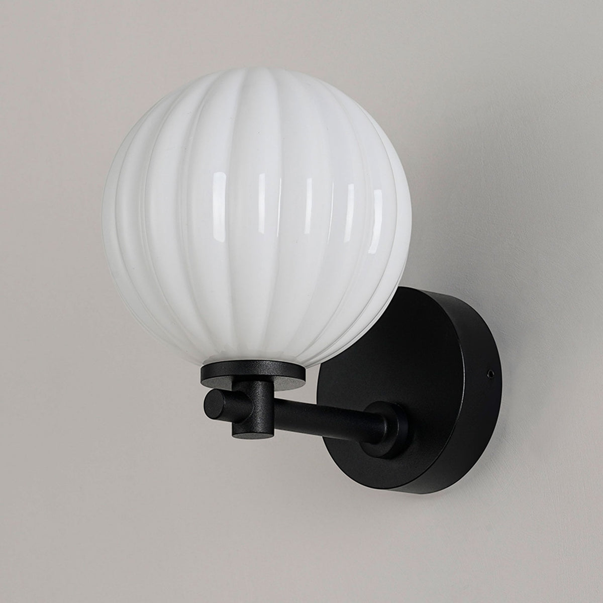 Tenterden Short Arm IP44 Wall Light in Satin Black with Segment Round Opal Glass Diffuser