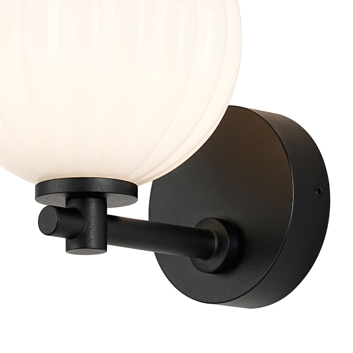 Tenterden Short Arm IP44 Wall Light in Satin Black with Segment Round Opal Glass Diffuser