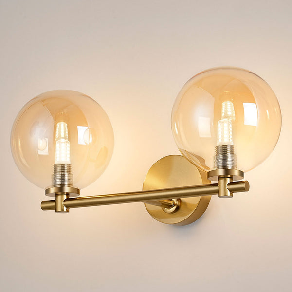Tenterden Short Twin Arm IP44 Wall Light in Brass Gold with Smooth Round Amber Glass Diffusers