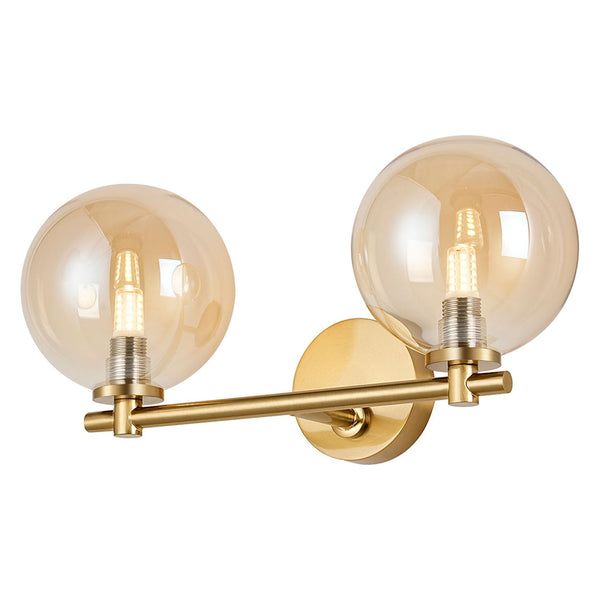 Tenterden Short Twin Arm IP44 Wall Light in Brass Gold with Smooth Round Amber Glass Diffusers