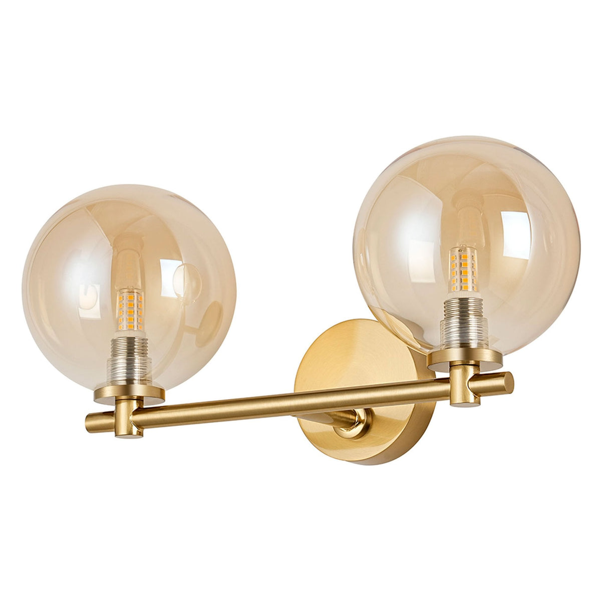 Tenterden Short Twin Arm IP44 Wall Light in Brass Gold with Smooth Round Amber Glass Diffusers