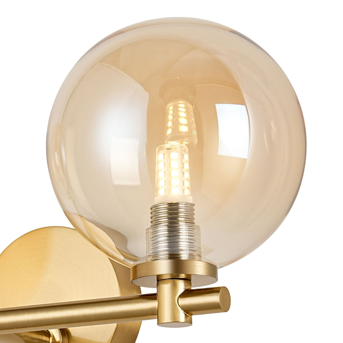 Tenterden Short Twin Arm IP44 Wall Light in Brass Gold with Smooth Round Amber Glass Diffusers