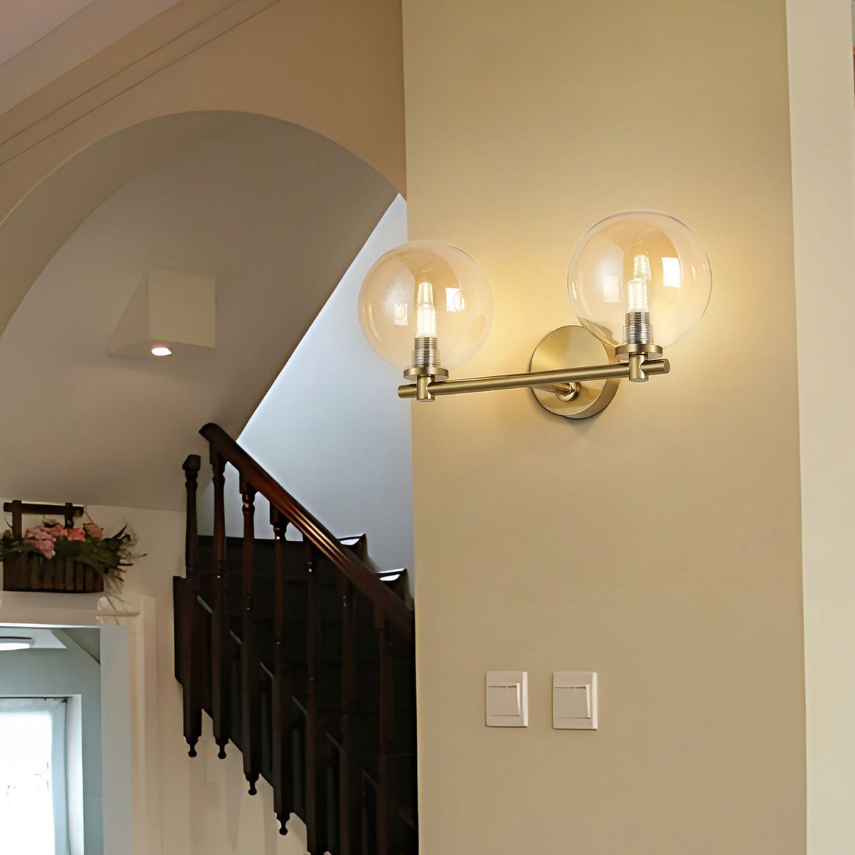 Tenterden Short Twin Arm IP44 Wall Light in Brass Gold with Smooth Round Amber Glass Diffusers