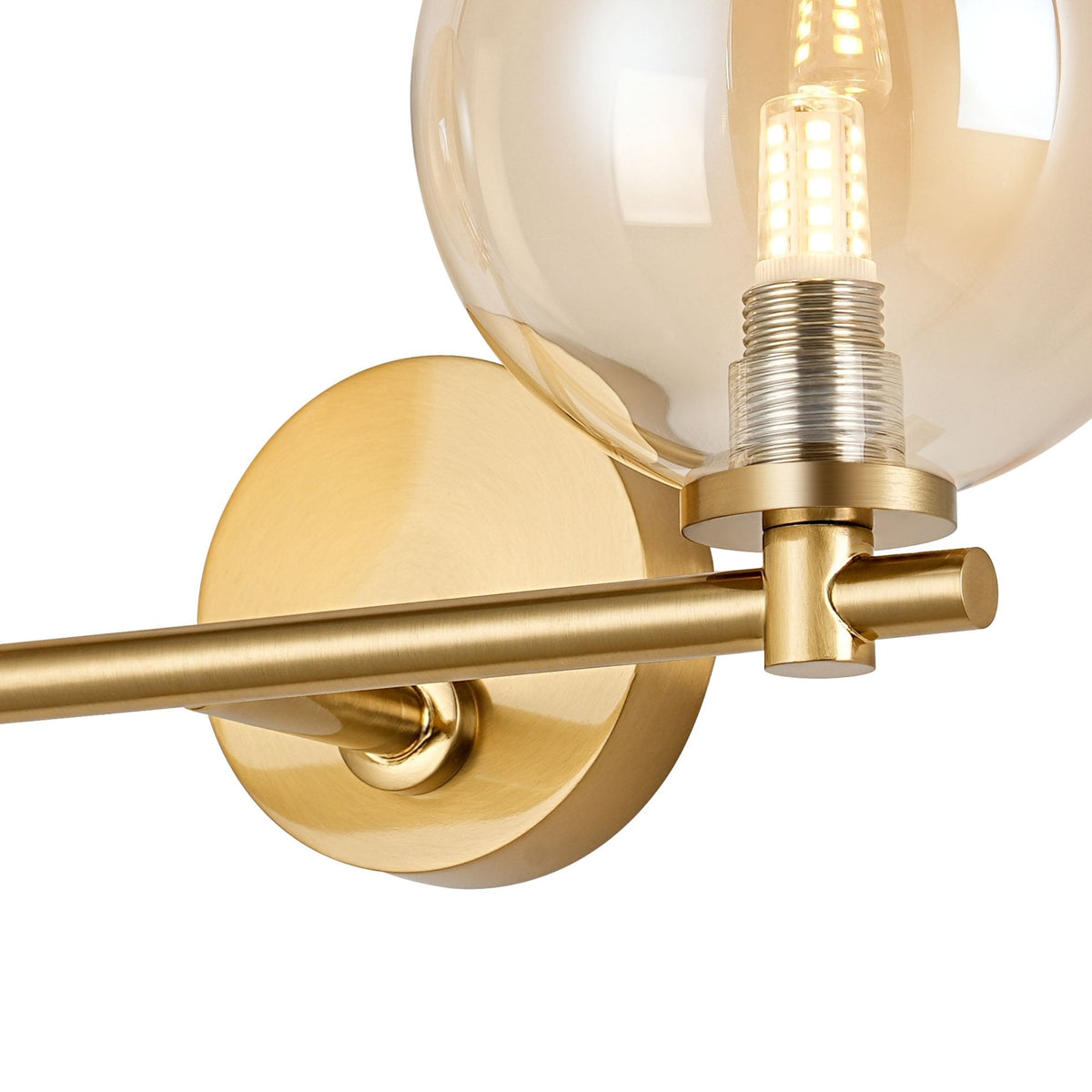 Tenterden Short Twin Arm IP44 Wall Light in Brass Gold with Smooth Round Amber Glass Diffusers