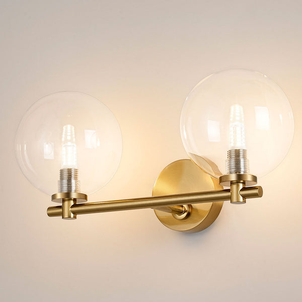 Tenterden Short Twin Arm IP44 Wall Light in Brass Gold with Smooth Round Clear Glass Diffusers