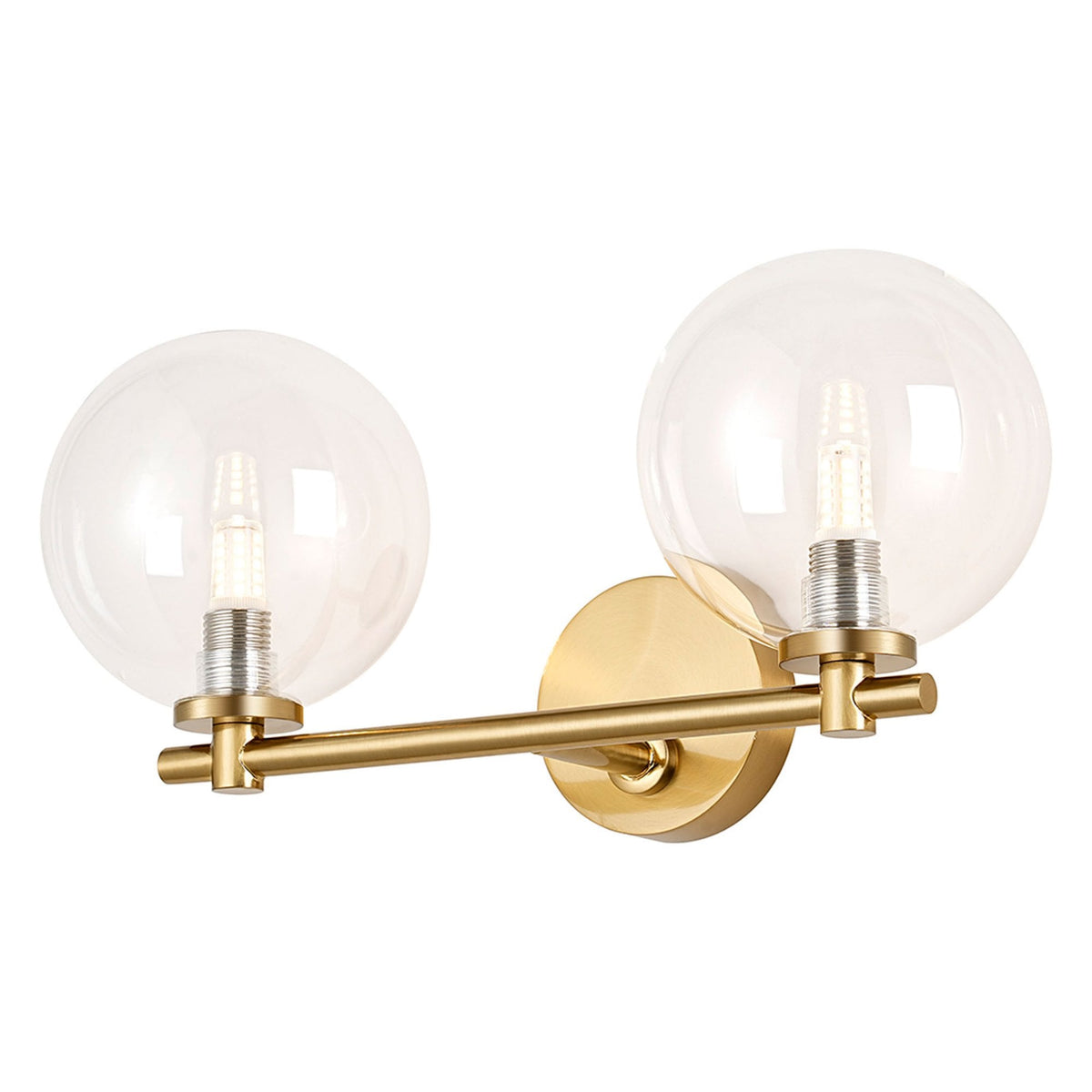 Tenterden Short Twin Arm IP44 Wall Light in Brass Gold with Smooth Round Clear Glass Diffusers