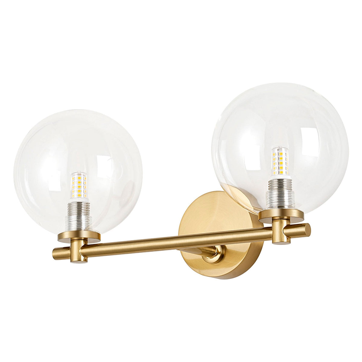 Tenterden Short Twin Arm IP44 Wall Light in Brass Gold with Smooth Round Clear Glass Diffusers