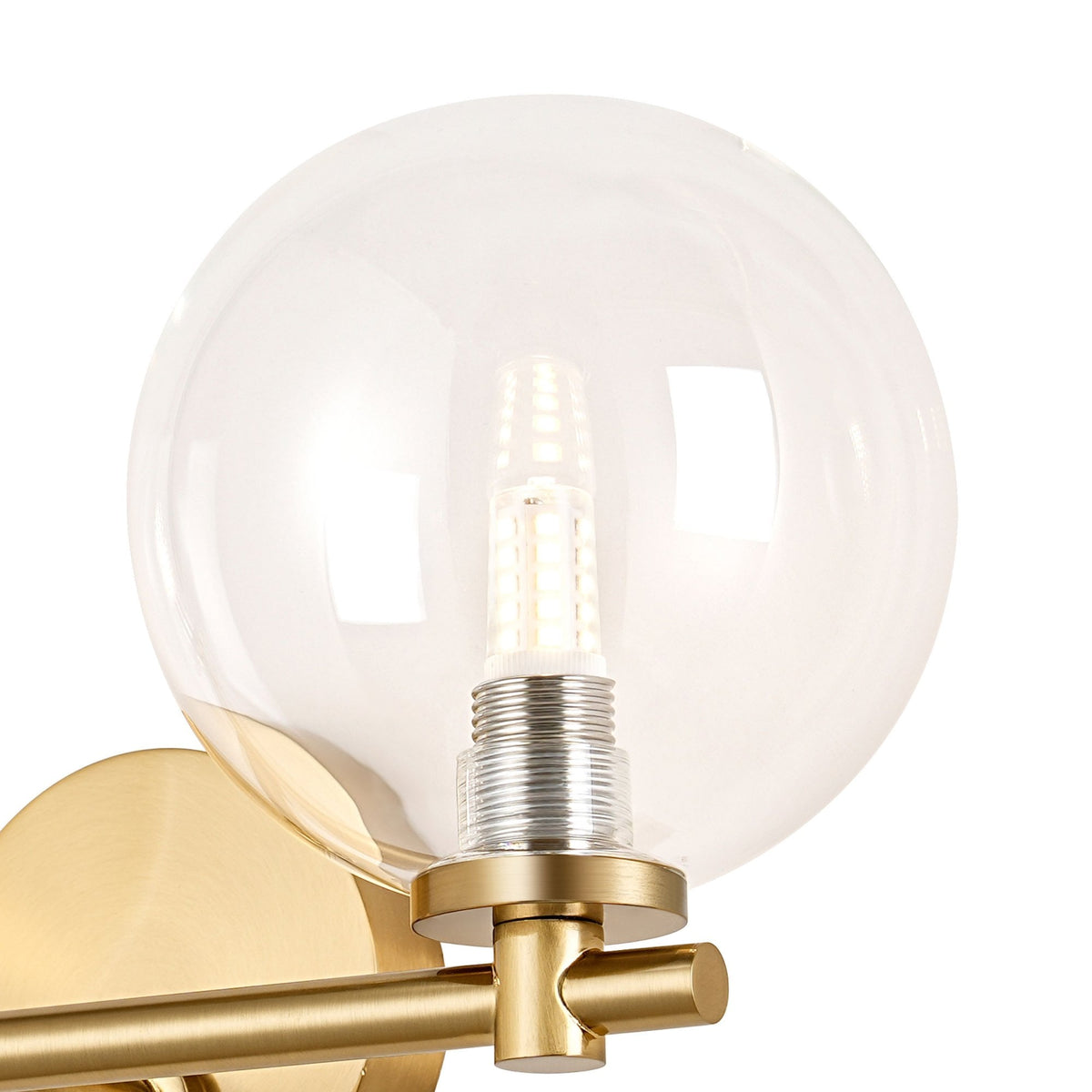 Tenterden Short Twin Arm IP44 Wall Light in Brass Gold with Smooth Round Clear Glass Diffusers