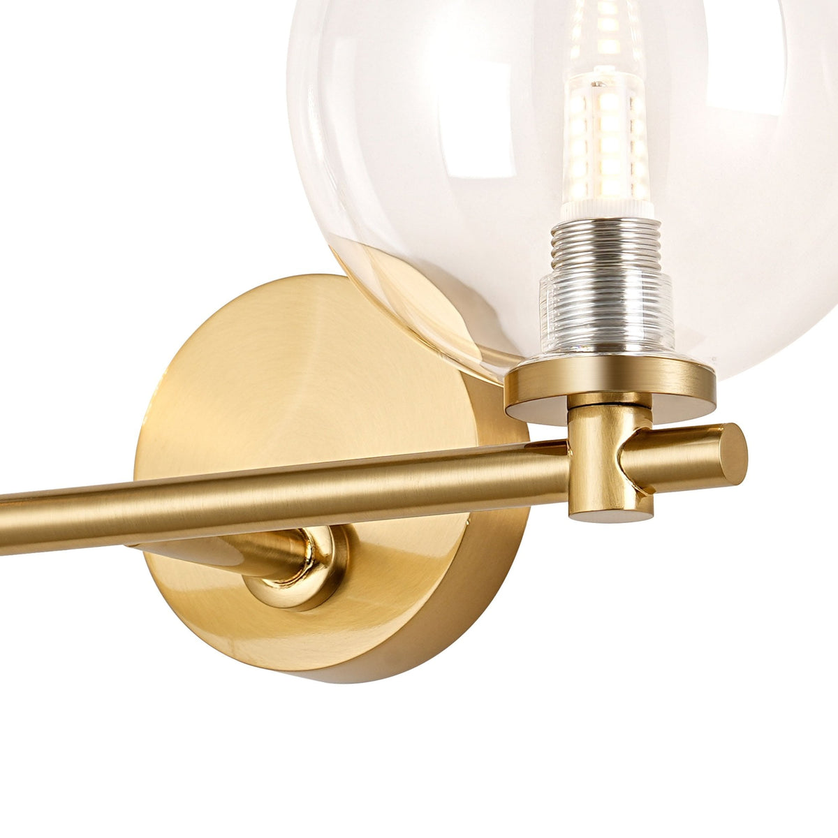 Tenterden Short Twin Arm IP44 Wall Light in Brass Gold with Smooth Round Clear Glass Diffusers