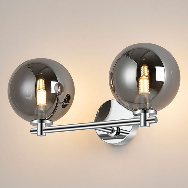 Tenterden Short Twin Arm IP44 Wall Light in Chrome with Smooth Round Smoke Glass Diffusers