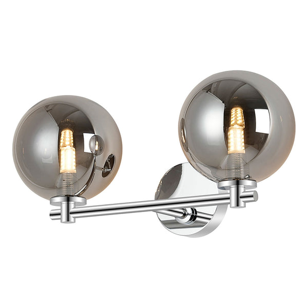 Tenterden Short Twin Arm IP44 Wall Light in Chrome with Smooth Round Smoke Glass Diffusers