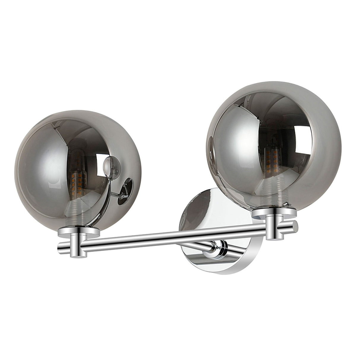 Tenterden Short Twin Arm IP44 Wall Light in Chrome with Smooth Round Smoke Glass Diffusers