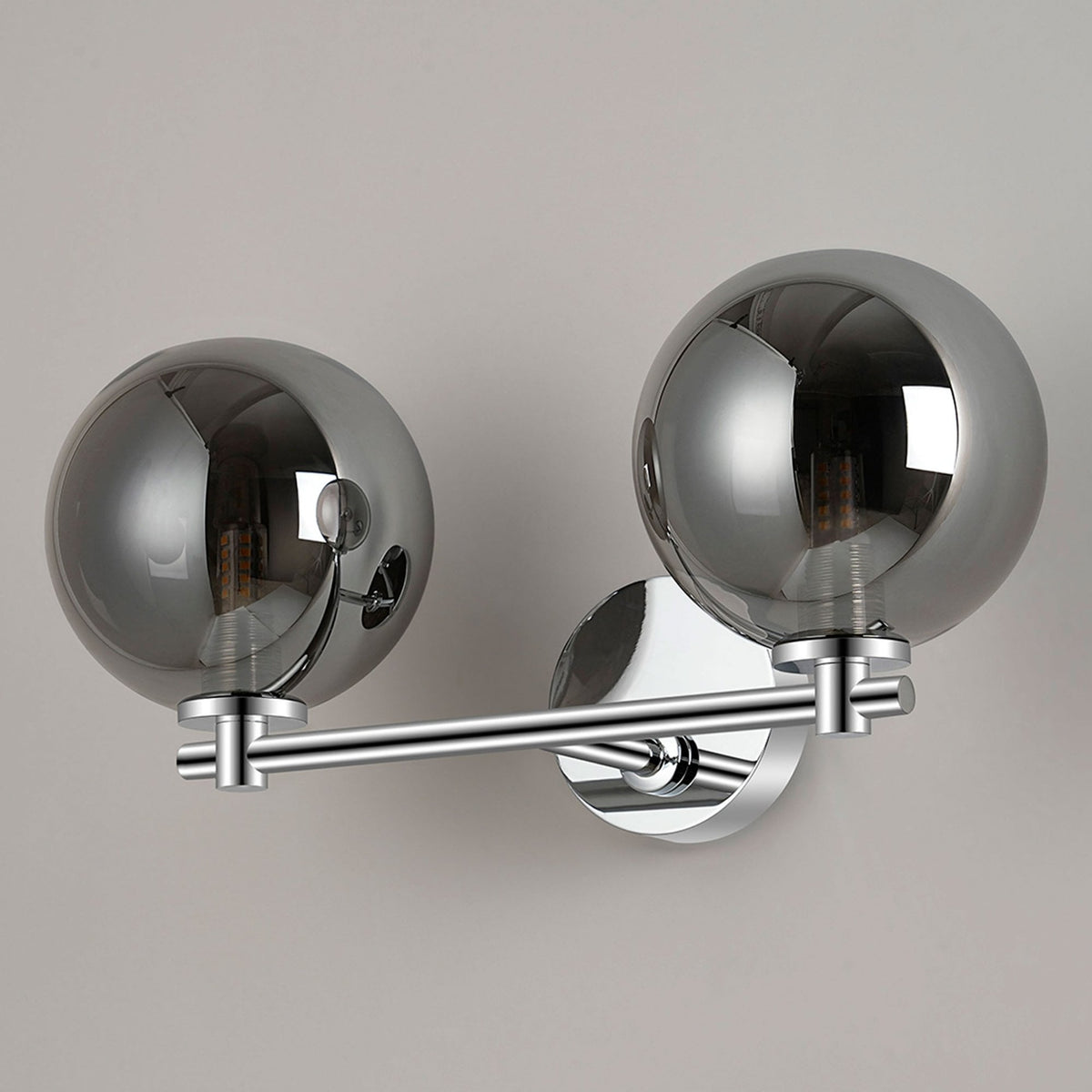 Tenterden Short Twin Arm IP44 Wall Light in Chrome with Smooth Round Smoke Glass Diffusers