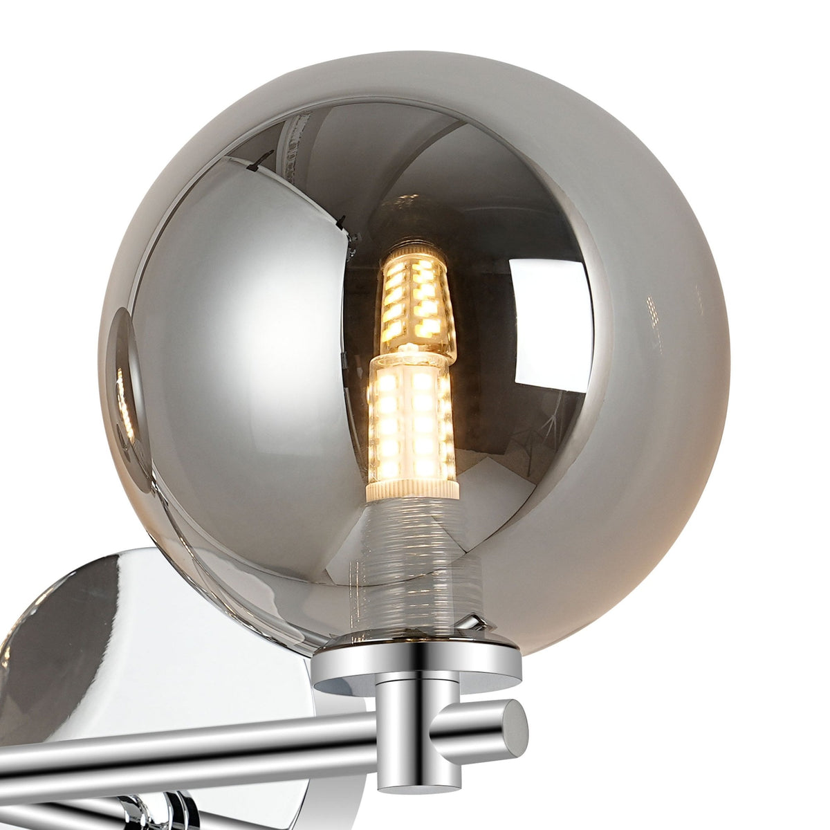 Tenterden Short Twin Arm IP44 Wall Light in Chrome with Smooth Round Smoke Glass Diffusers