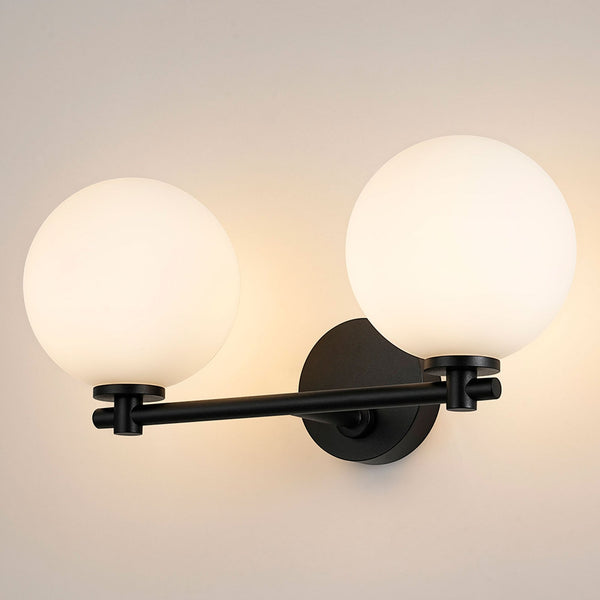 Tenterden Short Twin Arm IP44 Wall Light in Satin Black with Smooth Round Opal Glass Diffusers