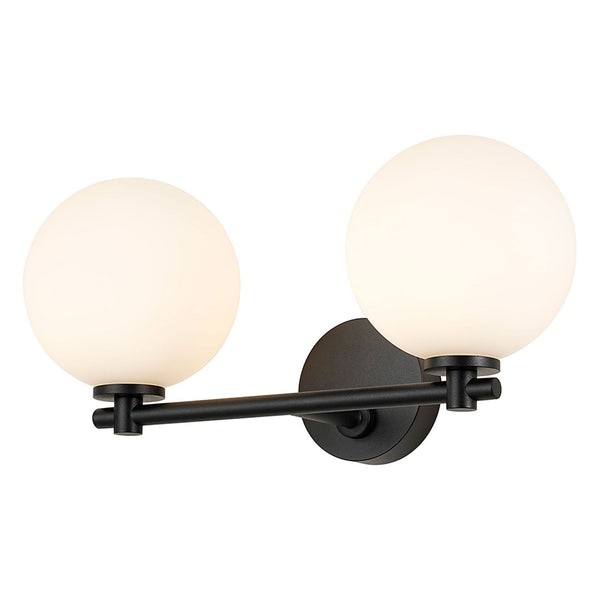 Tenterden Short Twin Arm IP44 Wall Light in Satin Black with Smooth Round Opal Glass Diffusers