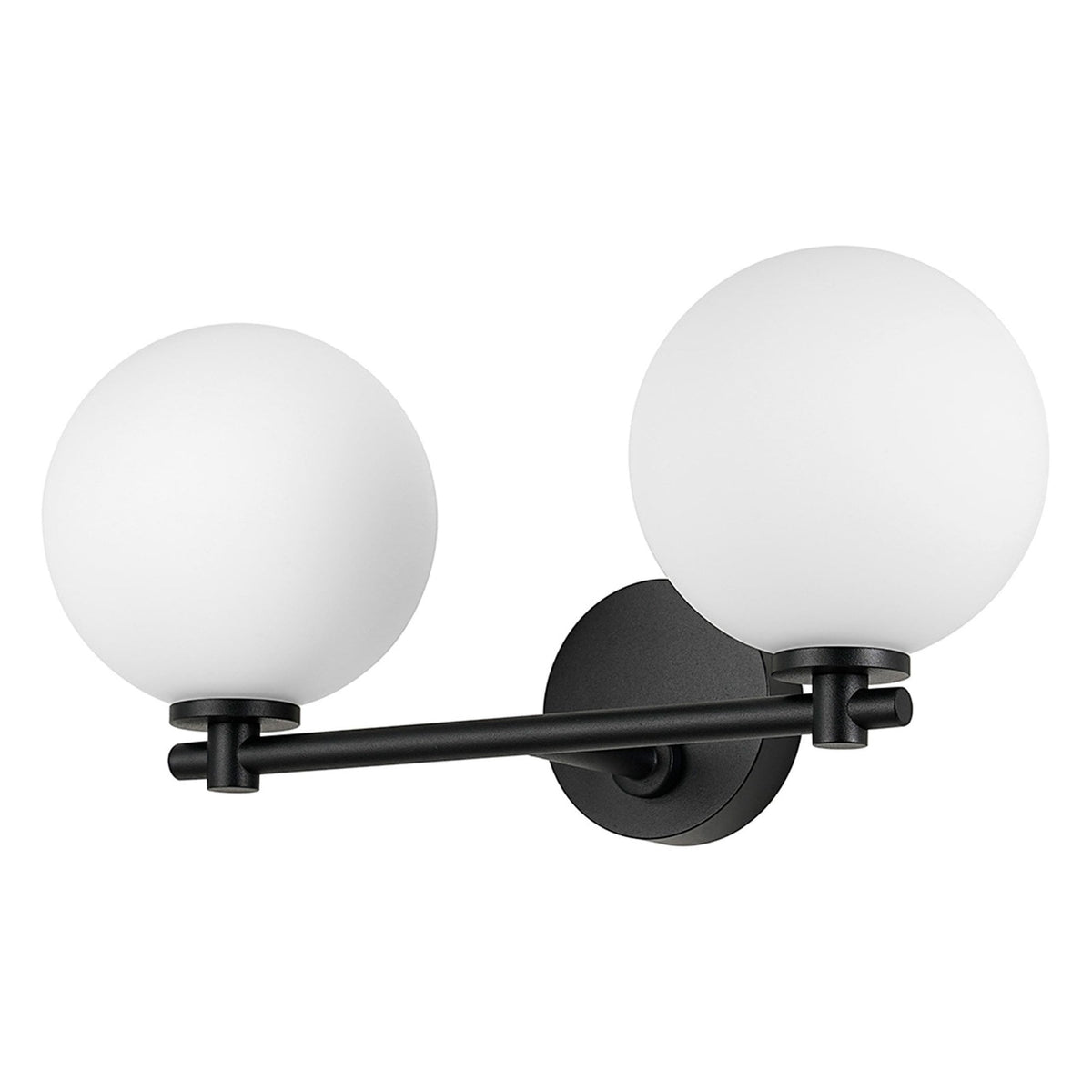 Tenterden Short Twin Arm IP44 Wall Light in Satin Black with Smooth Round Opal Glass Diffusers