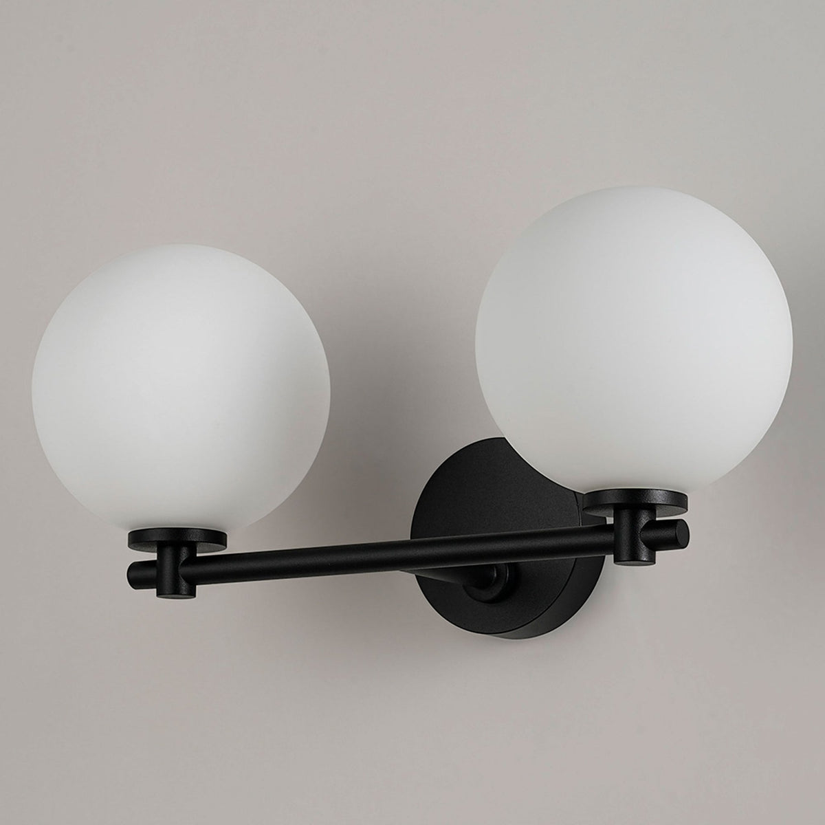 Tenterden Short Twin Arm IP44 Wall Light in Satin Black with Smooth Round Opal Glass Diffusers