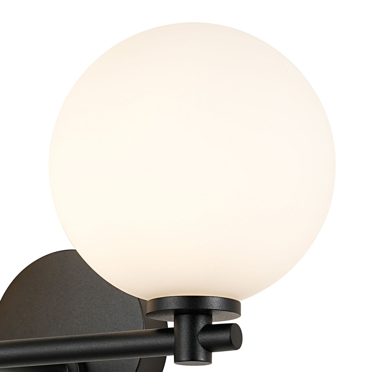 Tenterden Short Twin Arm IP44 Wall Light in Satin Black with Smooth Round Opal Glass Diffusers