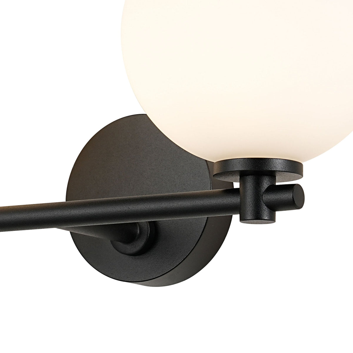 Tenterden Short Twin Arm IP44 Wall Light in Satin Black with Smooth Round Opal Glass Diffusers