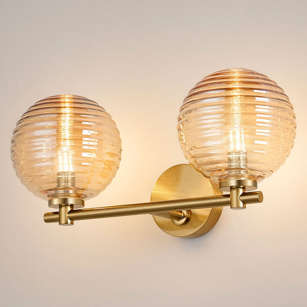 Tenterden Short Twin Arm IP44 Wall Light in Brass Gold with Ribbed Round Amber Glass Diffusers