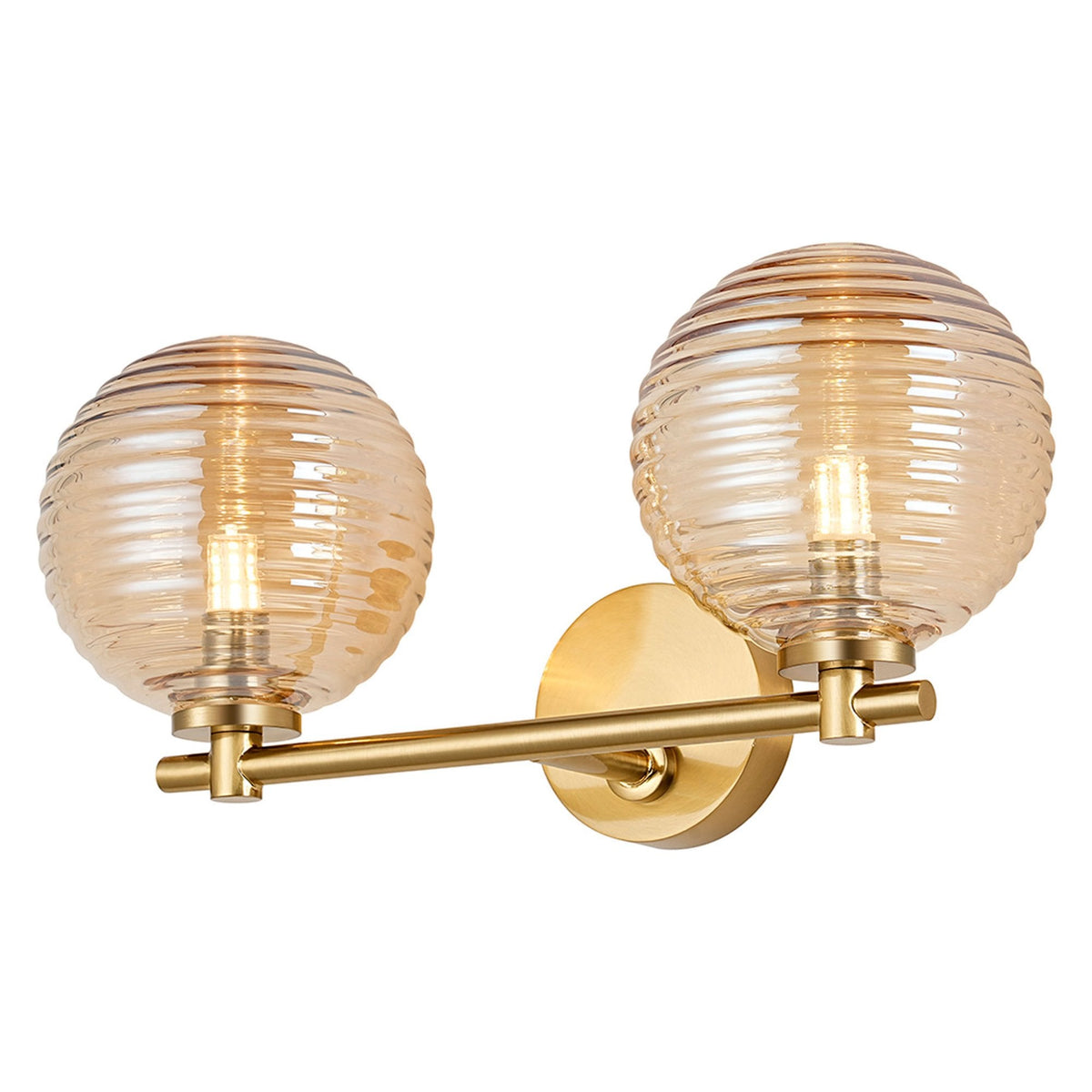 Tenterden Short Twin Arm IP44 Wall Light in Brass Gold with Ribbed Round Amber Glass Diffusers